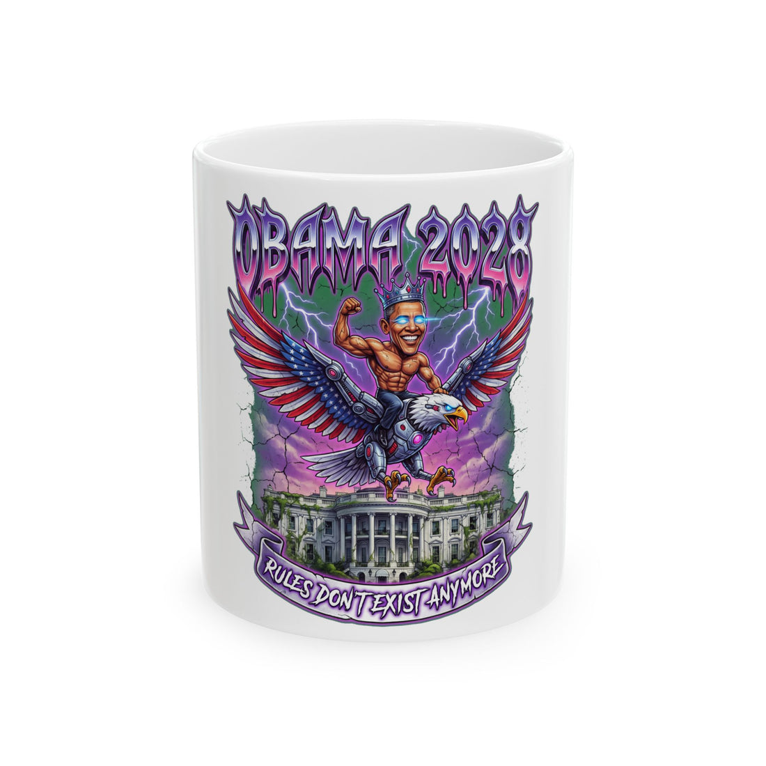 Muscular politician riding a cyborg bald eagle with the text Term Limits Are For Mortals.