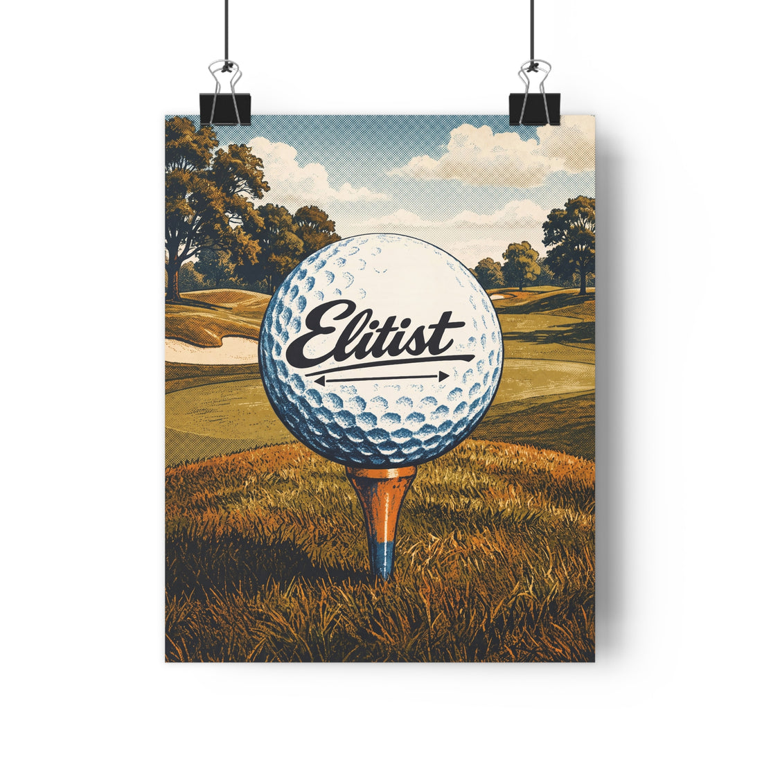 A golf parody poster featuring the word Elitist written in a cursive script mimicking the Titleist golf brand logo.