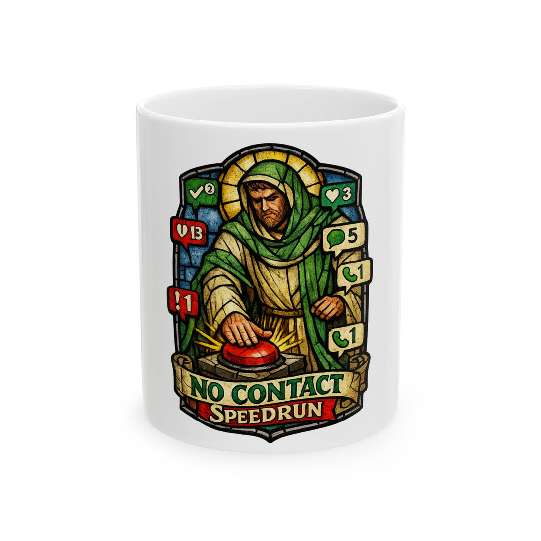 A mug with a Patron Saint of Blocking design, perfect for ignoring texts in peace.