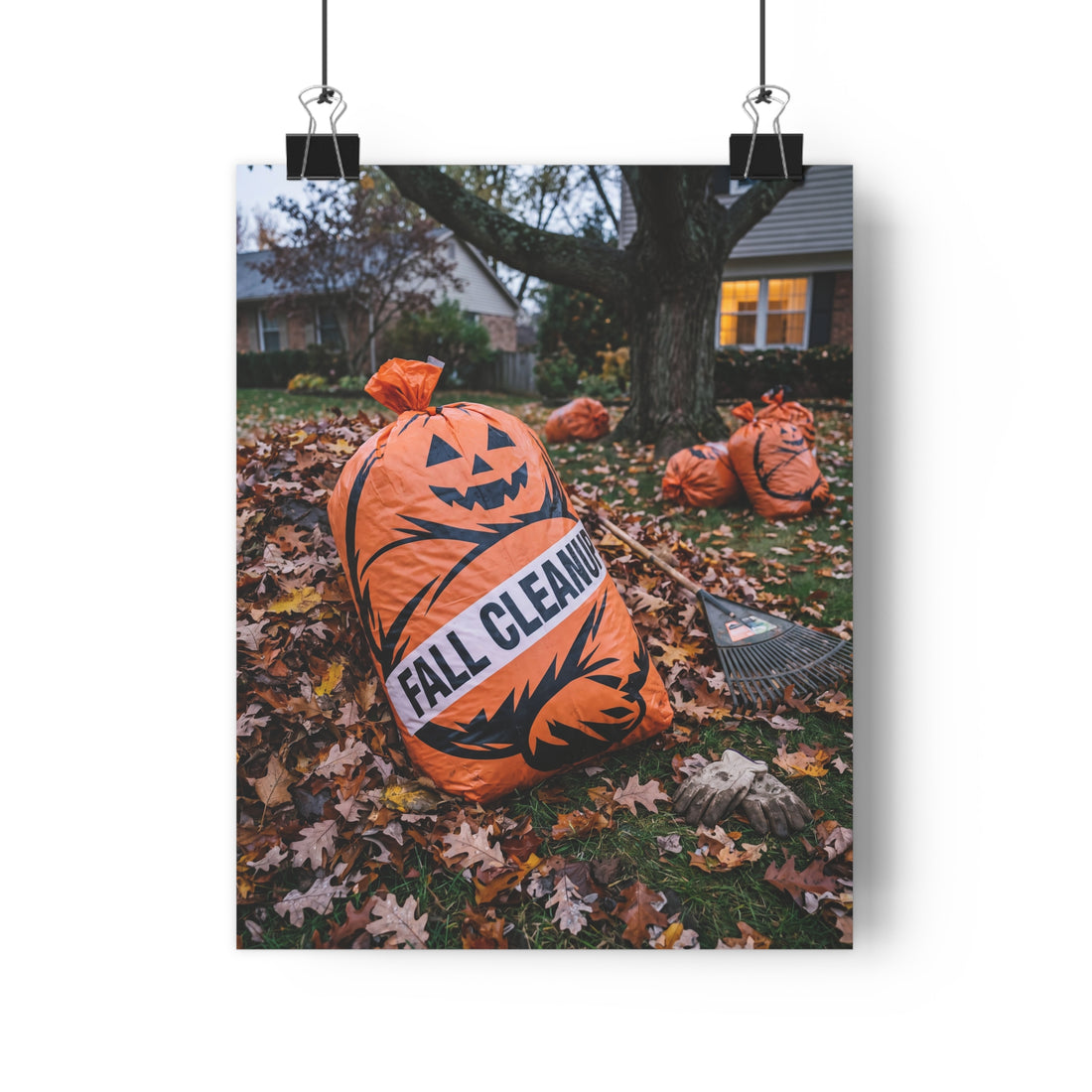 A cheerful orange pumpkin yard waste bag sitting on a driveway, shaped suspiciously like a tied-off human corpse.