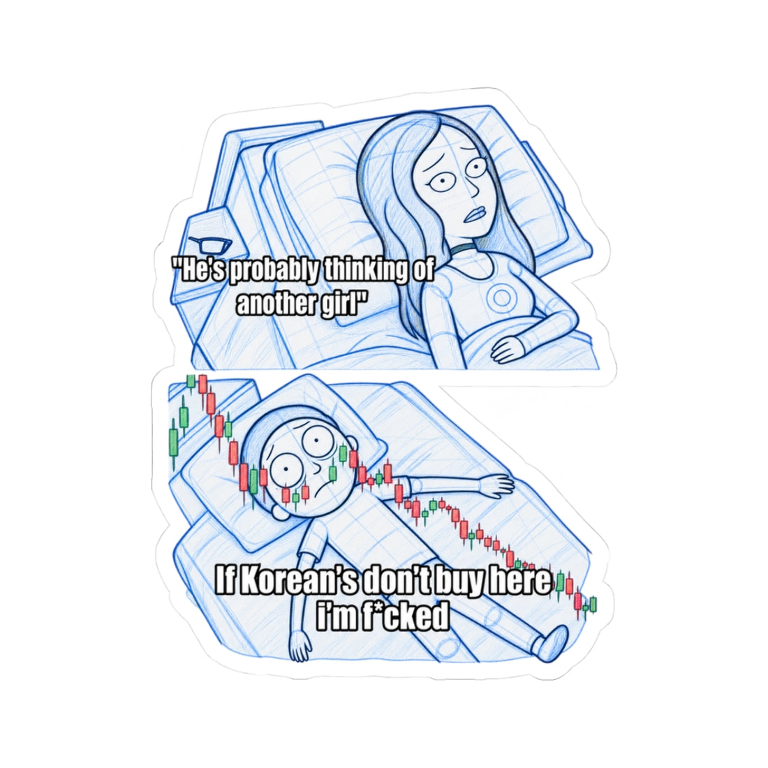 He's Thinking About Shitcoins Sticker — Funny Crypto Market Meme