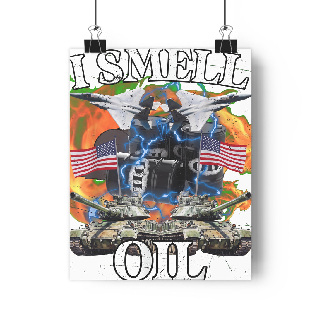Satirical meme poster featuring the phrase Spreading Democracy One Barrel At A Time with aggressive military graphics.