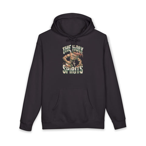 Graphic hoodie featuring a chaotic communion chalice and the text 100 Proof Holy Spirit.
