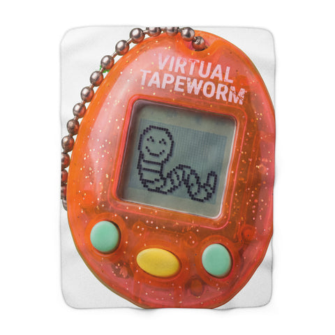 A pixelated retro virtual pet screen showing a digital tapeworm on a funny throw blanket.