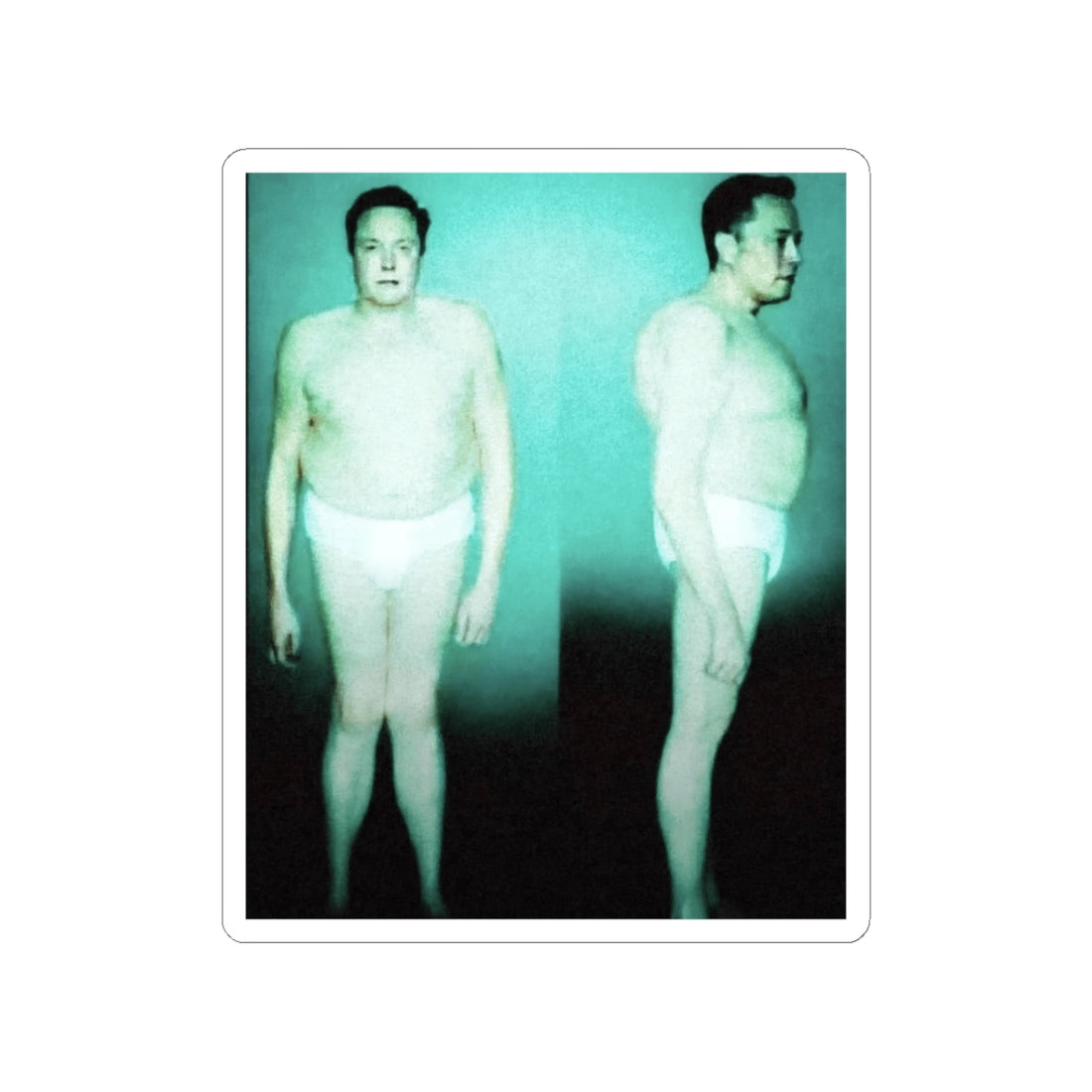 A grainy classified photo meme of a pale tech billionaire in tighty-whities looking like a captured alien.