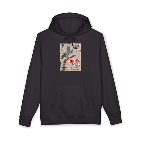 A gritty punk aesthetic graphic hoodie featuring an aggressively hostile pigeon and the words Flock Off.