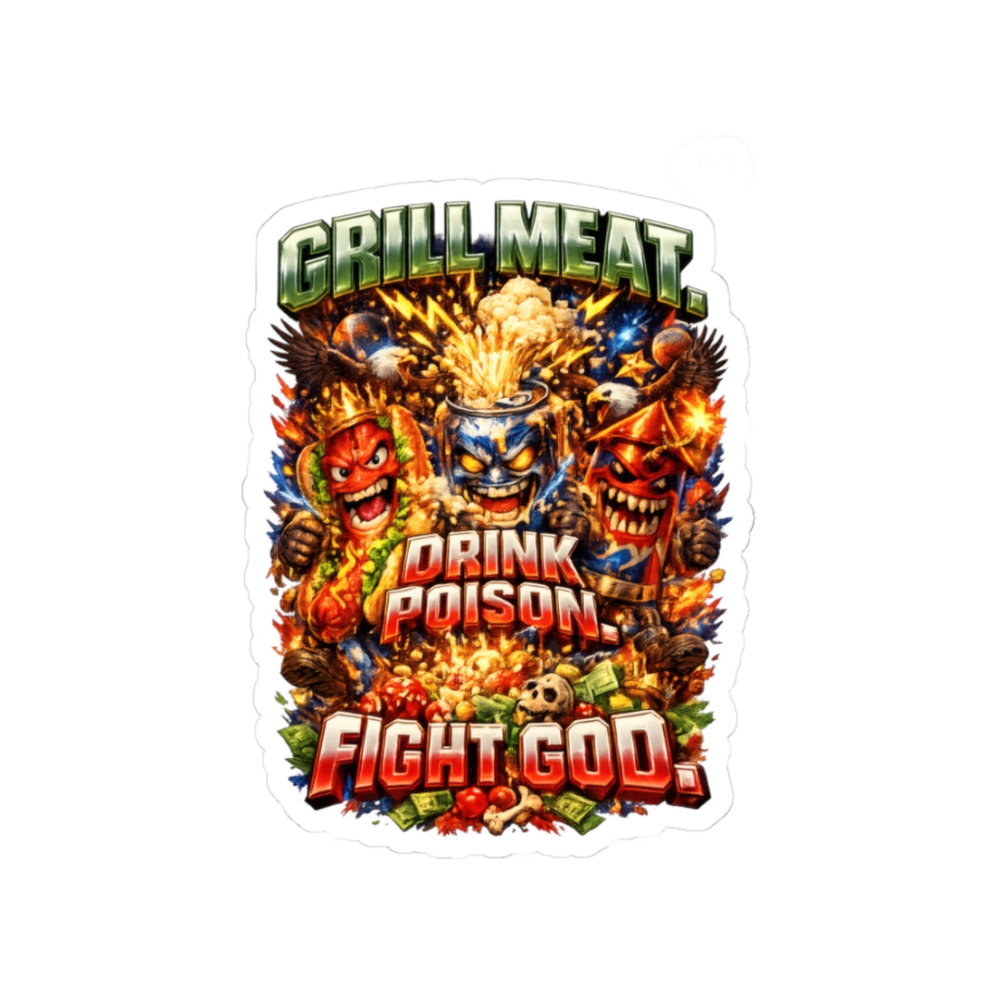 A retro drive-in movie hot dog character looking hyper-dimensional with text about going to the lobby to fight god.