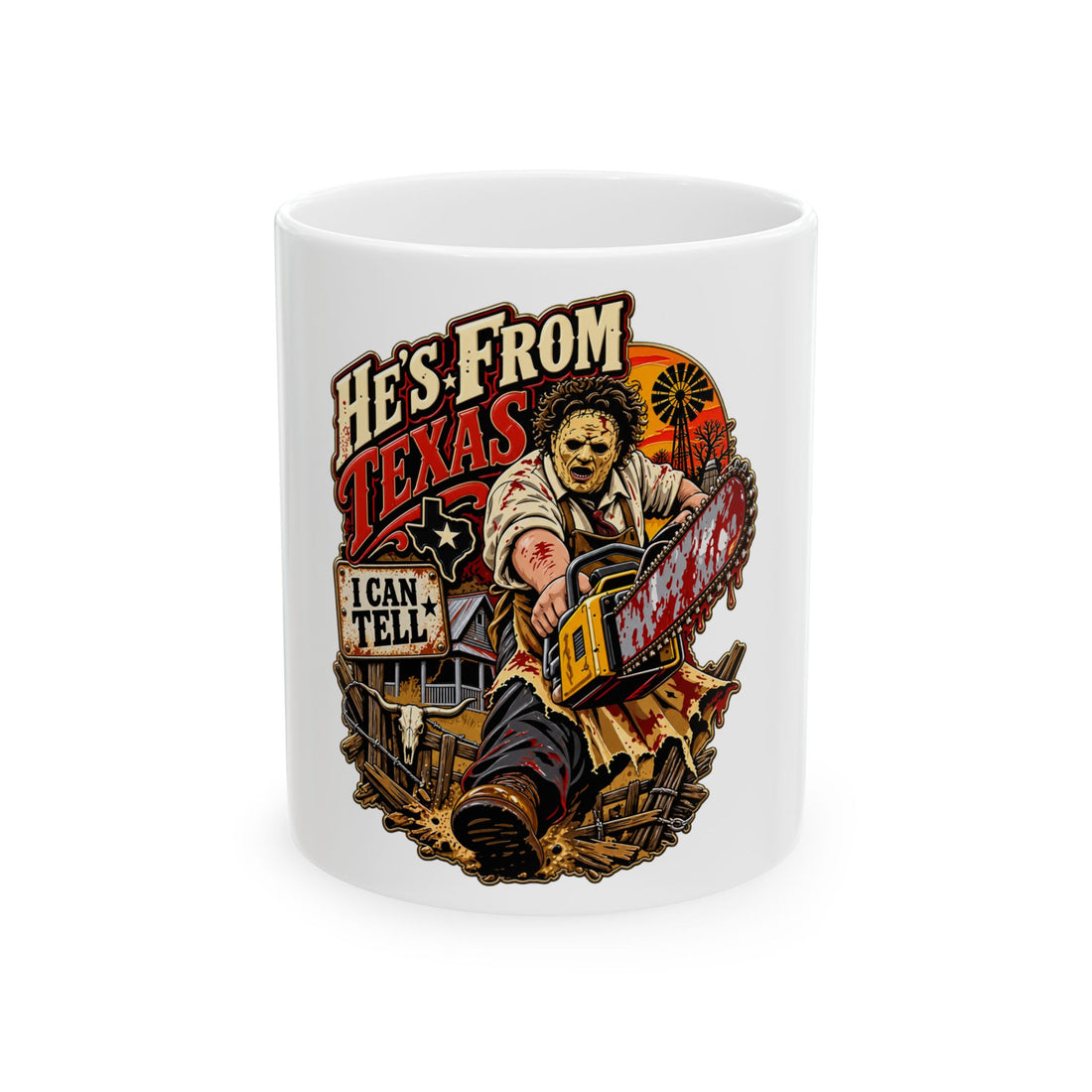 Horror comic style coffee mug reading Support Local Texas Butchers, featuring a creepy butcher holding a chainsaw.