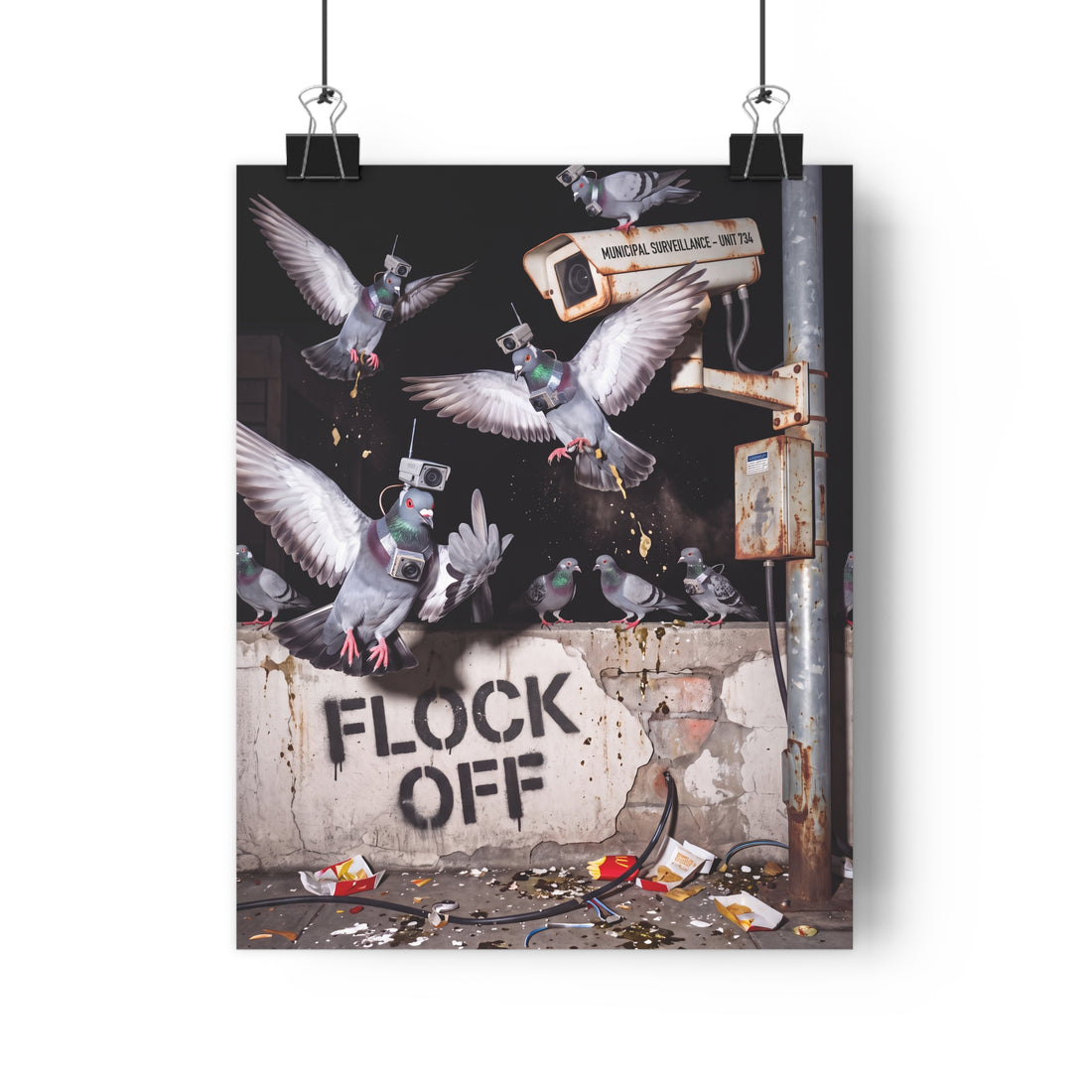 A rogue pigeon dismantling a municipal surveillance camera with the phrase Flock Off.