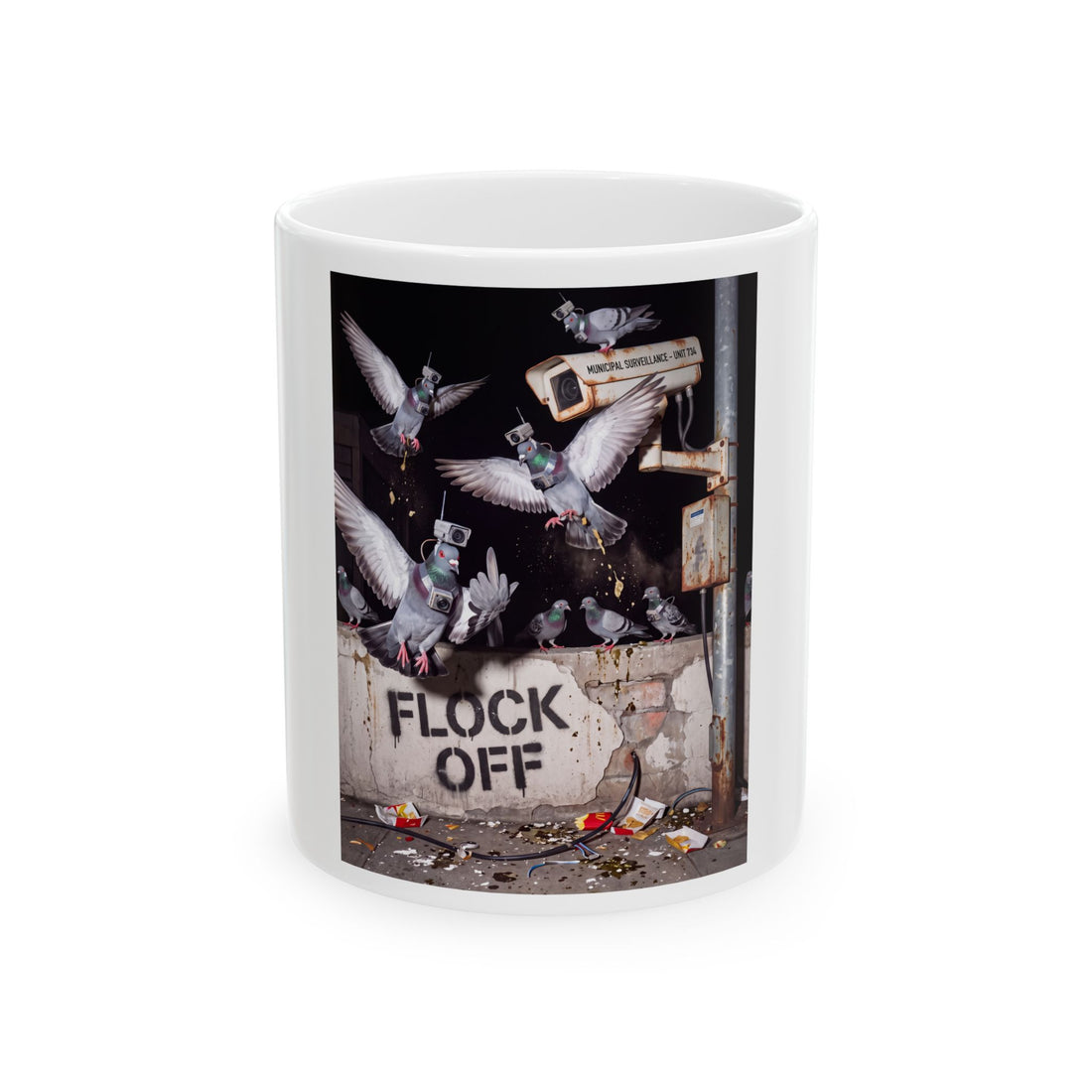 A pigeon destroying an automated license plate reader camera on a pole, with text reading Flock Off.