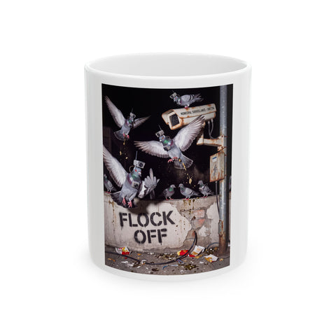 A pigeon destroying an automated license plate reader camera on a pole, with text reading Flock Off.