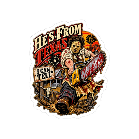 Pulpy horror comic style sticker reading Support Local Texas Butchers with a chainsaw motif.