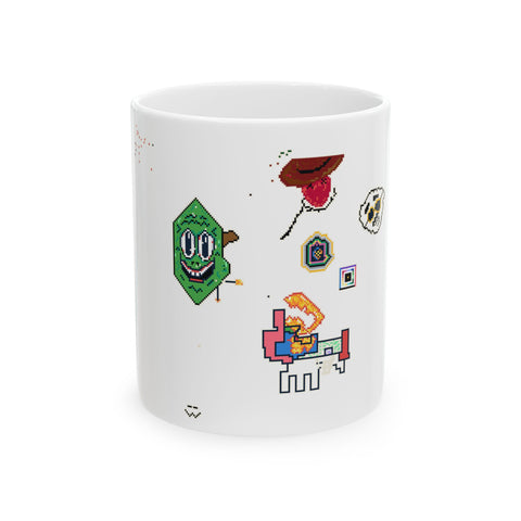A white mug wrapped in a chaotic, unedited crowdsourced digital mural from Season 5 of The Commission.