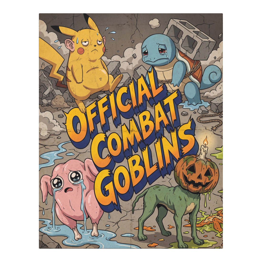 Sad off-model Pokemon: a jowly Pikachu, a cinderblock Squirtle and two cursed creatures, on canvas wall art — 0.75''