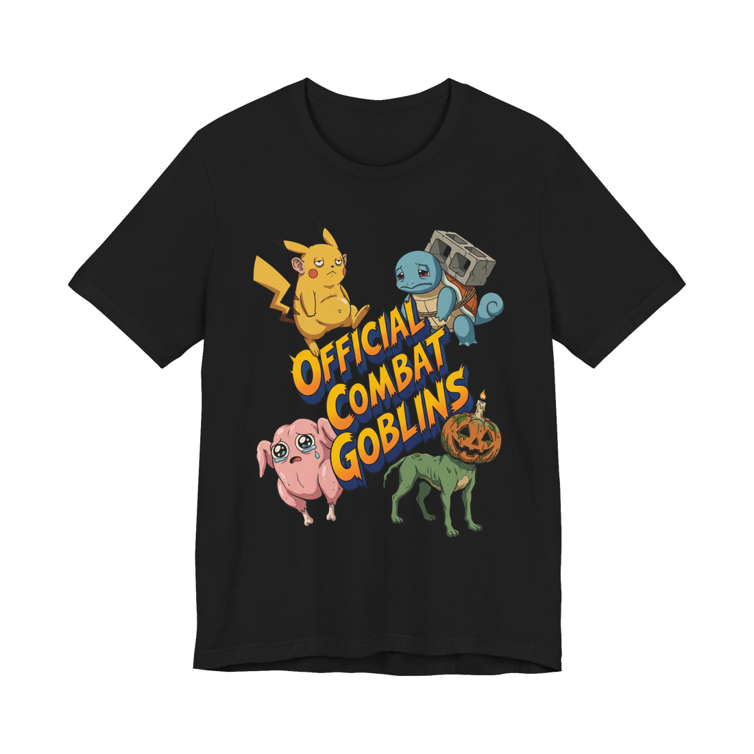 Sad off-model Pokemon: a jowly Pikachu, a cinderblock Squirtle and two cursed creatures, on a t-shirt — Black