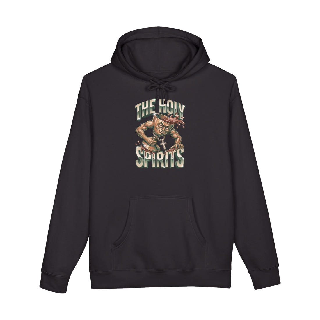 Jacked communion chalice spilling wine, a Holy Spirit booze pun, on a hoodie — Black