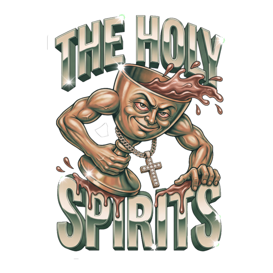 Jacked communion chalice in a gold cross chain spilling wine, a Holy Spirit booze pun, on a sticker — White