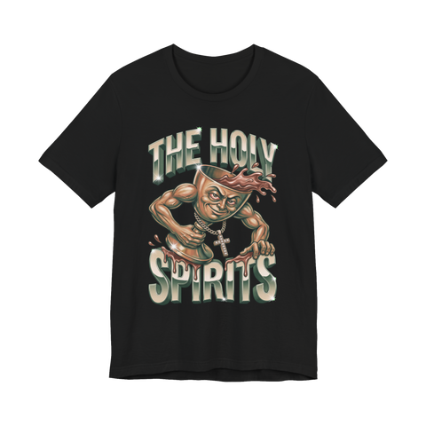 Jacked communion chalice spilling wine, a Holy Spirit booze pun, on a t-shirt — Black