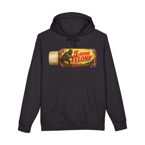 5-Hour Energy style shot labeled 5-HOUR FELONY with Mr. Hyde swinging a cane, on a hoodie — Black