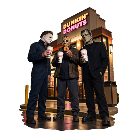Michael Myers and fellow horror slashers holding coffees outside a Dunkin' Donuts at night, on a sticker — White