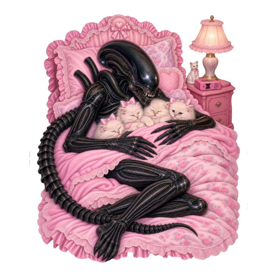 Apex Coquette Sticker — Funny Xenomorph Alien Cute Pink Kittens — White