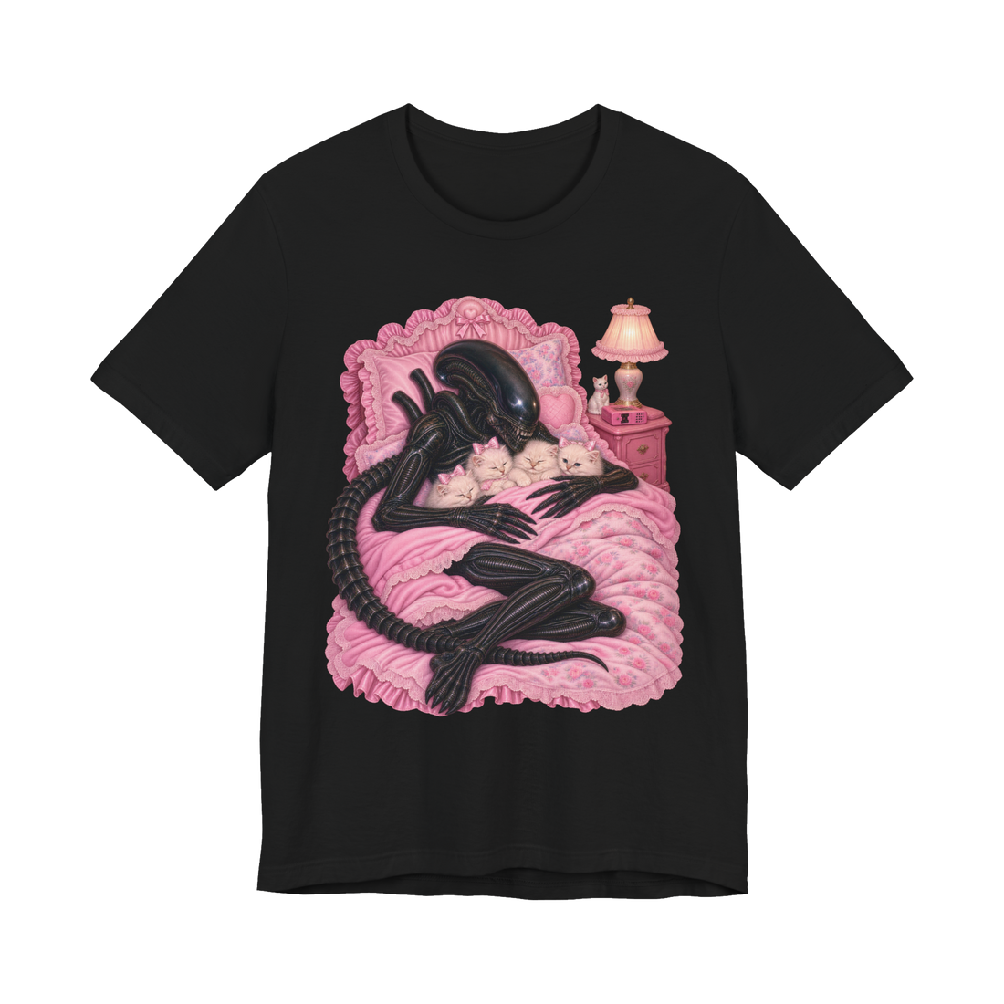 Apex Coquette T-Shirt — Funny Xenomorph Alien Cute Pink Kittens — Black