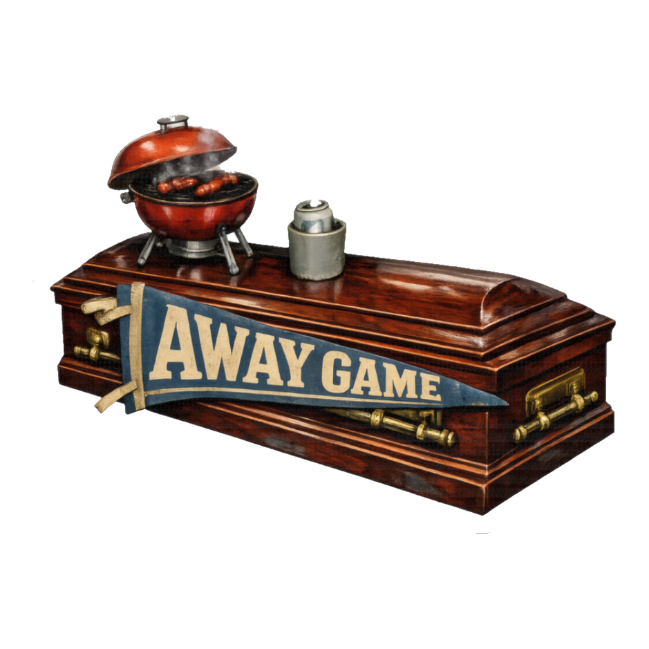 Mahogany coffin used as a tailgating table with a grill and beer, AWAY GAME pennant, on a sticker — White