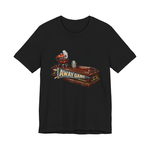 A funny t-shirt for diehard sports fans featuring an away game afterlife tailgating joke.