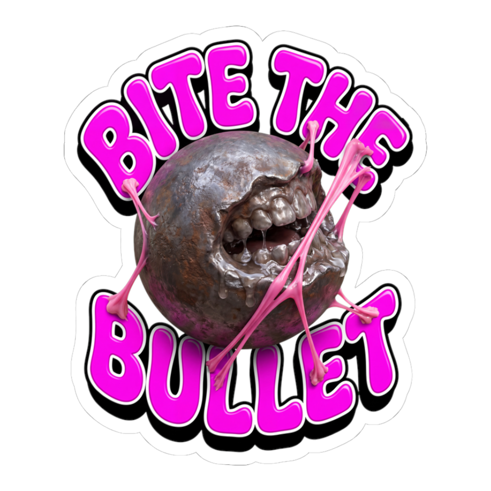 A 1970s retro style bubblegum wrapper design that reads Bite The Bullet for chronic stress and dark humor.