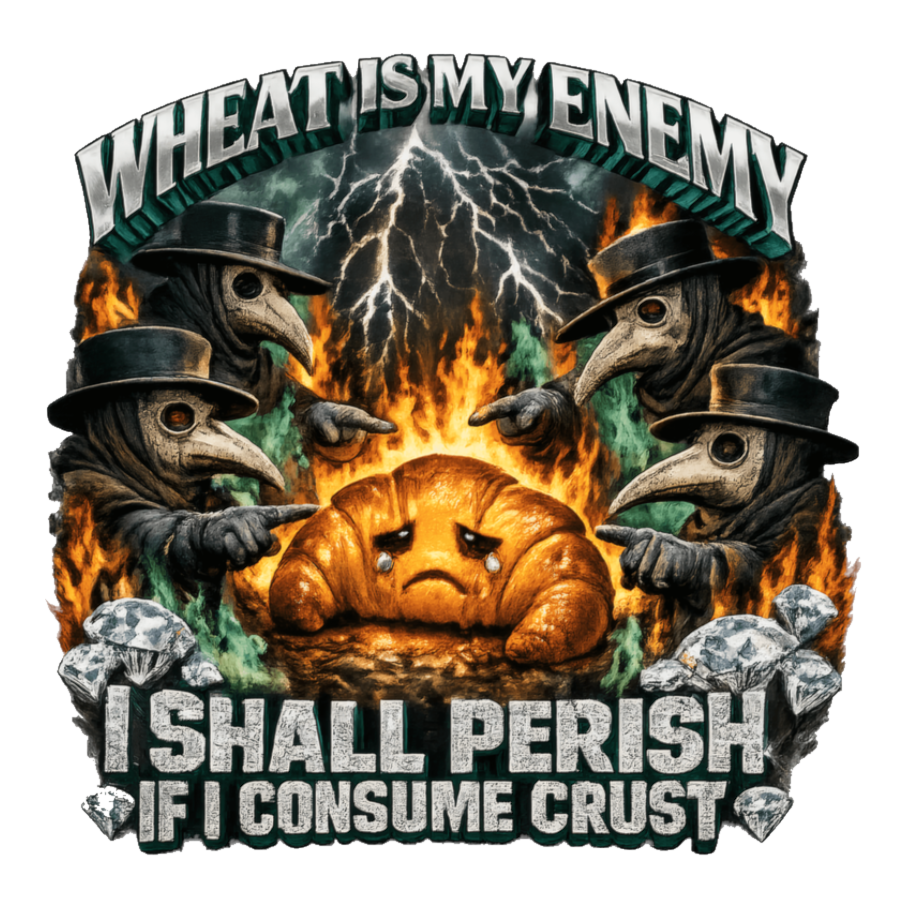 Plague doctors curse a crying croissant: Wheat Is My Enemy, a celiac disease joke, on a sticker — White