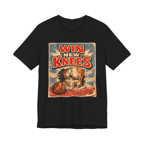 A funny t-shirt featuring a scratch-off lottery ticket for new cartilage, mocking joint pain and getting old.