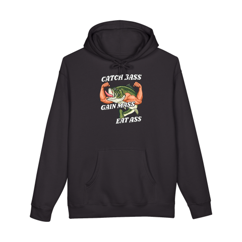 Catch Bass Gain Mass Eat Ass Hoodie — Fishing Funny Gym Bro Fitness — Black