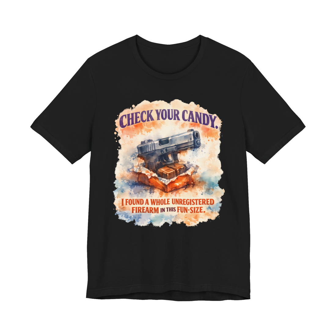 Check Their Candy T-Shirt — Halloween Gun in Suburban Panic Facebook — Black