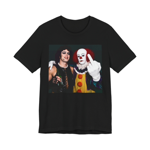 Tim Curry's Frank-N-Furter and Pennywise smoking backstage, Pennywise flipping the bird, on a t-shirt — Black