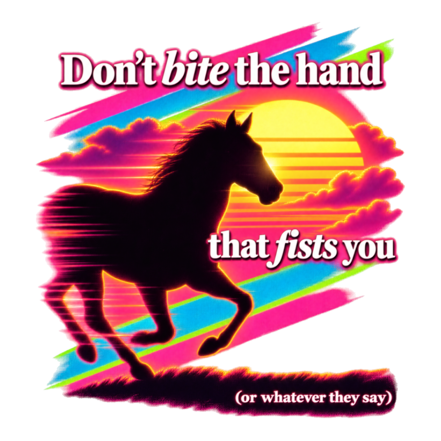 Don't Bite The Hand That Fists You Sticker — Funny Horse Synthwave 80S — White
