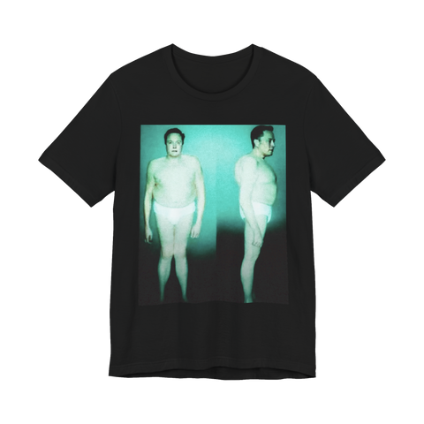 Grainy alien mugshot photos of Elon Musk in tighty-whities, front and side view, on a t-shirt — Black