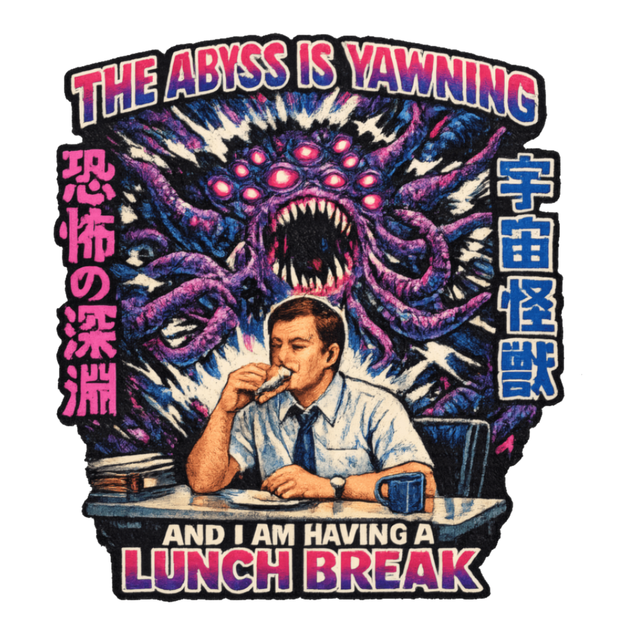 Office worker eats lunch as a cosmic horror rises: The Abyss Is Yawning, on a sticker — White