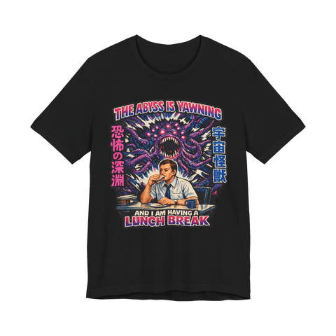 Cosmic horror monster looms as an office worker eats lunch at his desk, retro manga style, on a t-shirt — Black