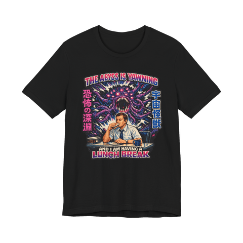 Eldritch Sad Desk Salad T-Shirt — Retro Cosmic Horror Manga Apocalypse — Black