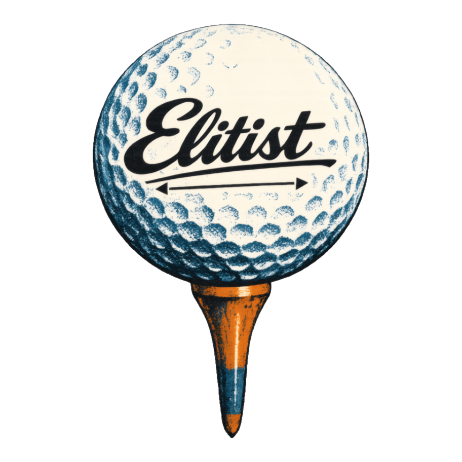Golf ball on a tee with a Titleist-style script logo that reads Elitist, on a sticker — White