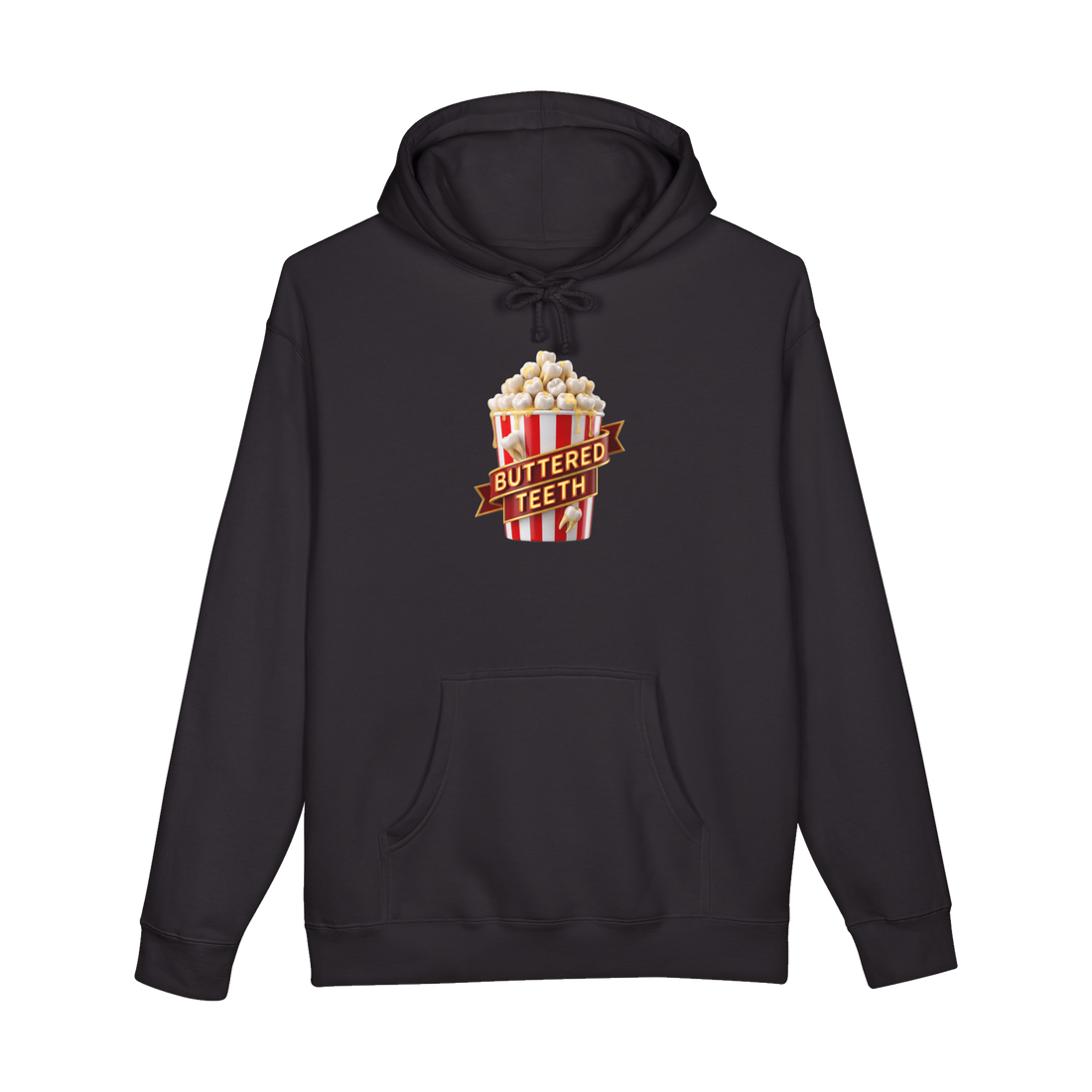 Striped popcorn bucket heaped with butter-drenched human teeth and a BUTTERED TEETH banner, on a hoodie — Black