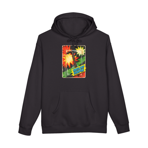 Rusty crowbar sealed in a toy blister pack with a 100% OFF COUPON burst, on a hoodie — Black