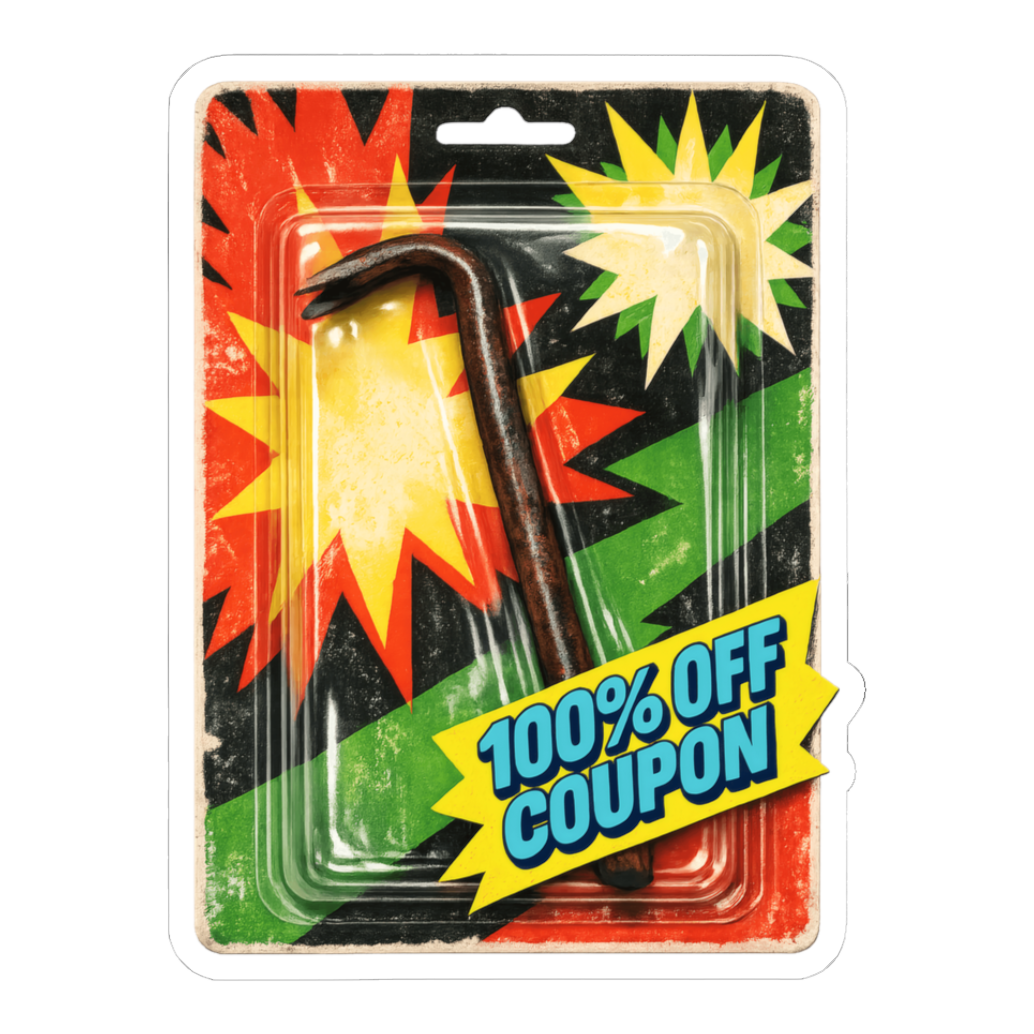 Shoplifting crowbar sealed in a 90s toy blister pack, 100% OFF COUPON, on a sticker — White