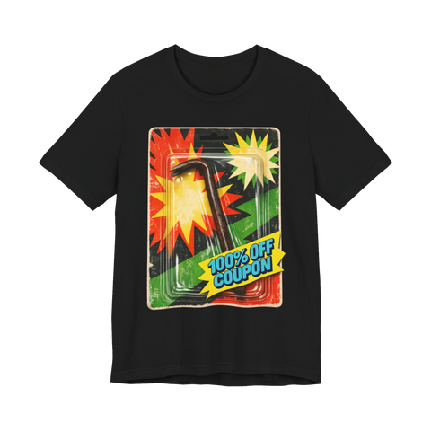 Rusty crowbar sealed in a toy blister pack with a 100% OFF COUPON burst, on a t-shirt — Black