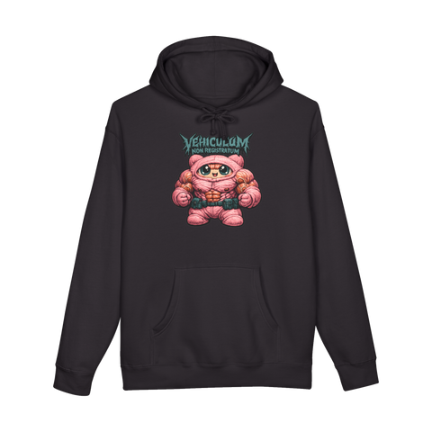 Buff pink mascot suit hero under a black metal logo reading VEHICULUM NON REGISTRATUM, on a hoodie — Black