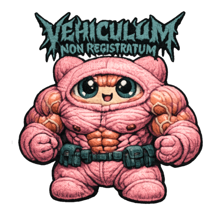 Ripped pink mascot under a black metal logo reading Vehiculum Non Registratum, on a sticker — White