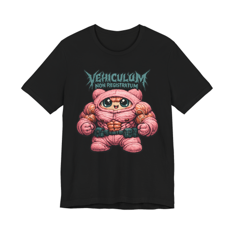 Buff pink mascot suit hero under a black metal logo reading VEHICULUM NON REGISTRATUM, on a t-shirt — Black