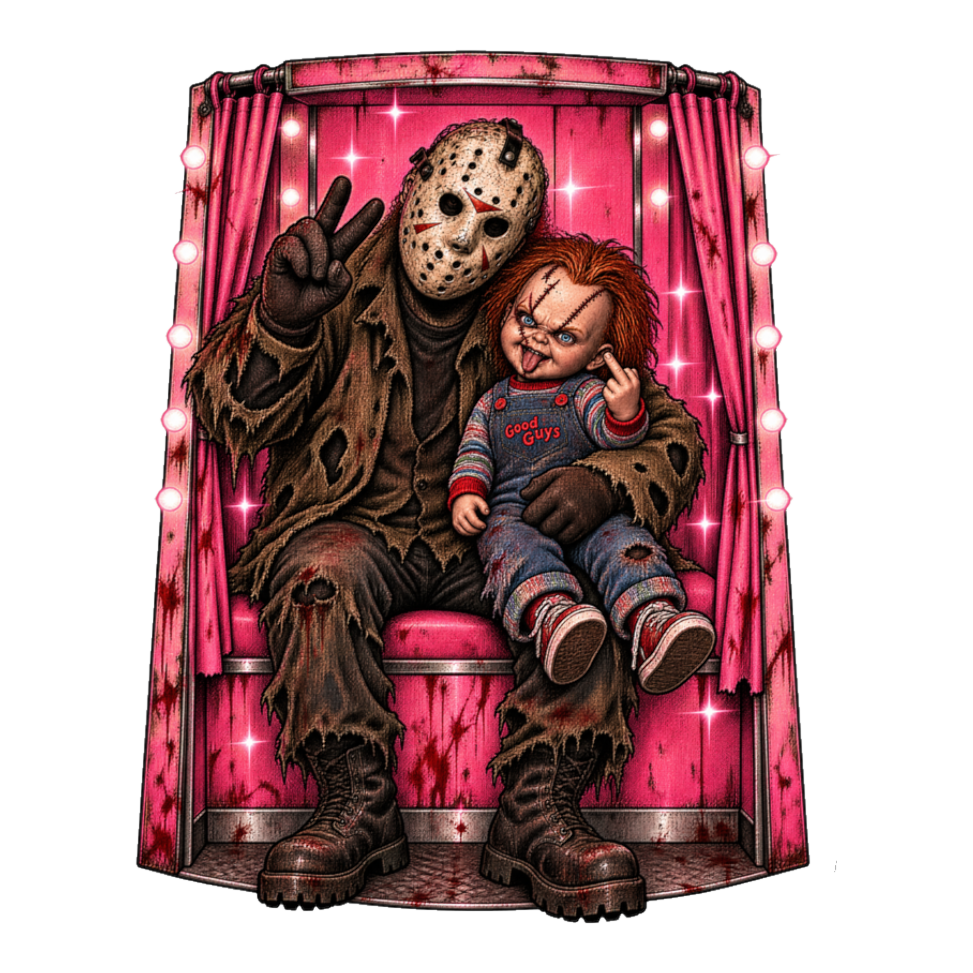 Family Photo Booth Sticker — Funny Jason Voorhees Chucky — White