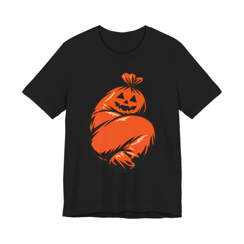 Jack-o-lantern pumpkin leaf bag tied shut, shaped exactly like a curled-up body, on a t-shirt — Black