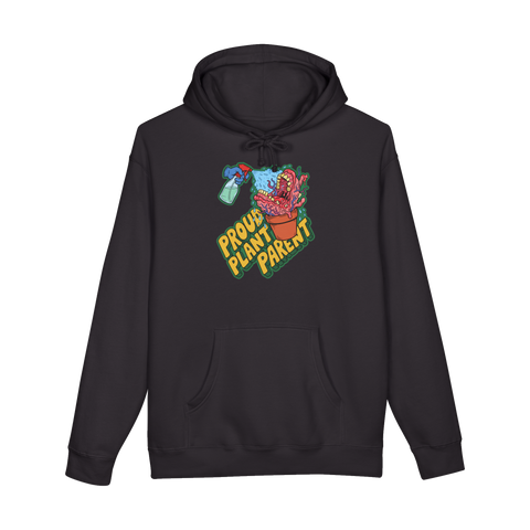 Toothy gum monster in a terracotta pot being misted, PROUD PLANT PARENT, on a hoodie — Black